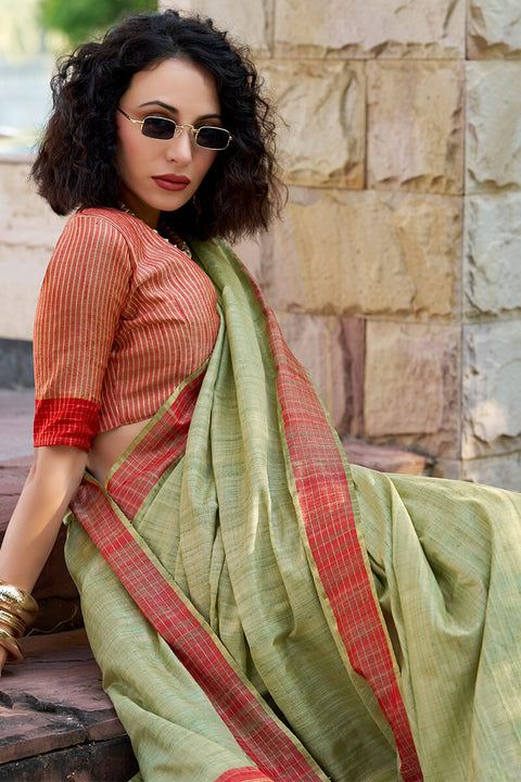 VastraLakshmi Arresting Pista Cotton Silk Saree With Prominent Blouse Piece