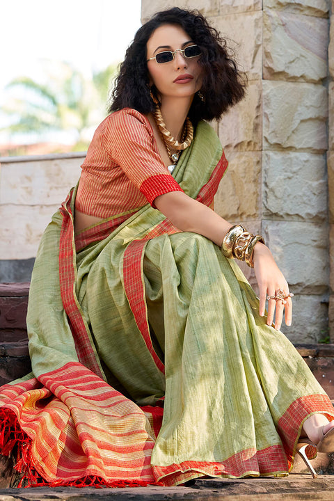 VastraLakshmi Arresting Pista Cotton Silk Saree With Prominent Blouse Piece