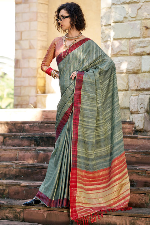 VastraLakshmi Lagniappe Dark Green Cotton Silk Saree With Vestigial Blouse Piece