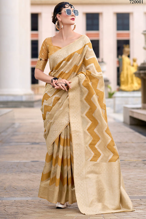 VastraLakshmi Petrichor Beige and Mustard Cotton Silk Saree With Conflate Blouse Piece