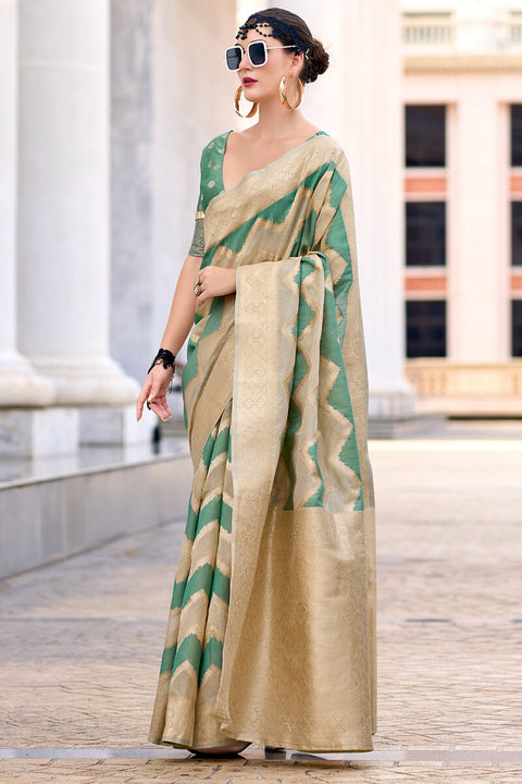 VastraLakshmi Evanescent Beige and Green Cotton Silk Saree With Lassitude Blouse Piece