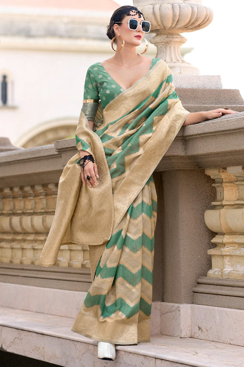 VastraLakshmi Evanescent Beige and Green Cotton Silk Saree With Lassitude Blouse Piece