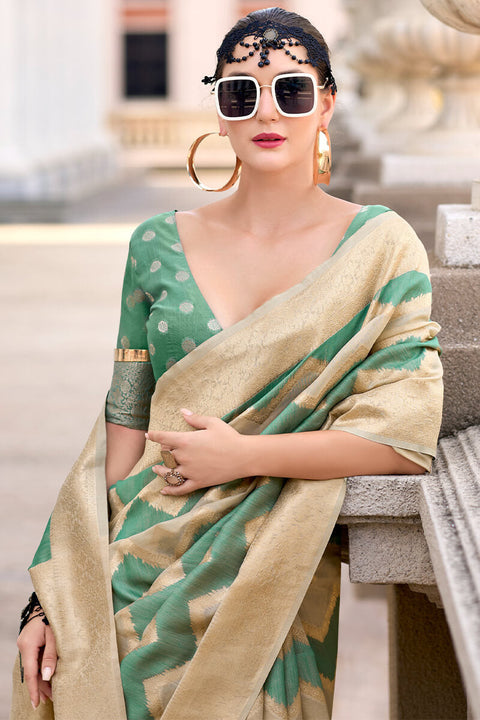 VastraLakshmi Evanescent Beige and Green Cotton Silk Saree With Lassitude Blouse Piece