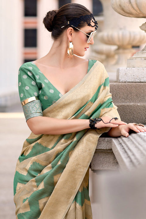 VastraLakshmi Evanescent Beige and Green Cotton Silk Saree With Lassitude Blouse Piece