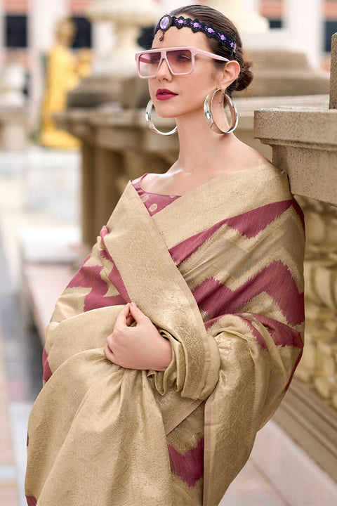 VastraLakshmi Snappy Beige and Wine Cotton Silk Saree With Exquisite Blouse Piece