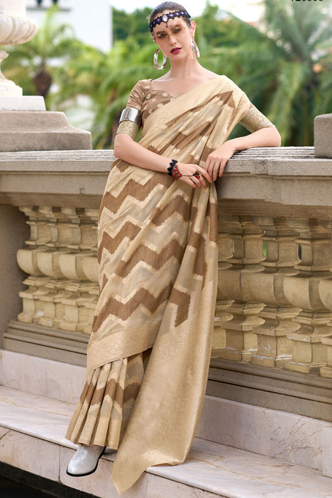 VastraLakshmi Enamoring Beige and Brown Cotton Silk Saree With Ravishing Blouse Piece