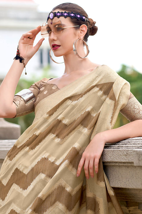 VastraLakshmi Enamoring Beige and Brown Cotton Silk Saree With Ravishing Blouse Piece