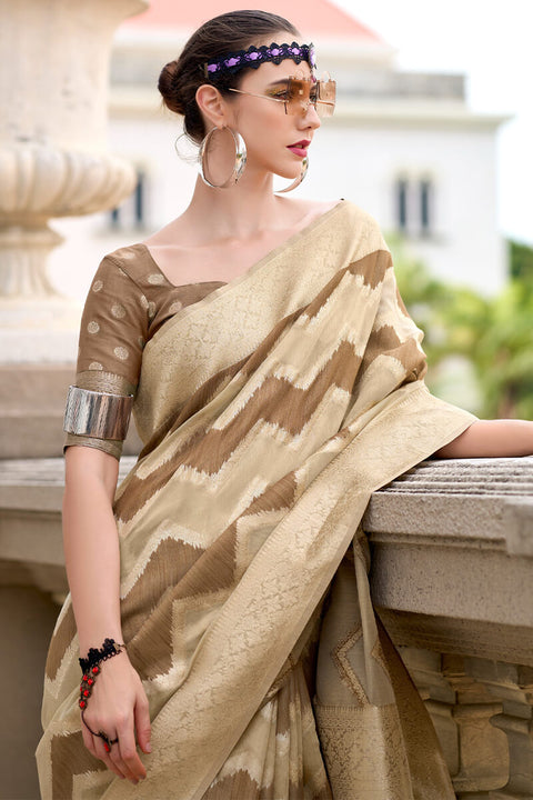 VastraLakshmi Enamoring Beige and Brown Cotton Silk Saree With Ravishing Blouse Piece