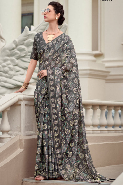 VastraLakshmi Innovative Grey Printed Mul Cotton Saree With Dazzling Blouse Piece