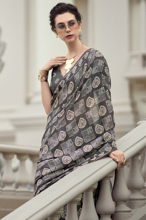 VastraLakshmi Innovative Grey Printed Mul Cotton Saree With Dazzling Blouse Piece