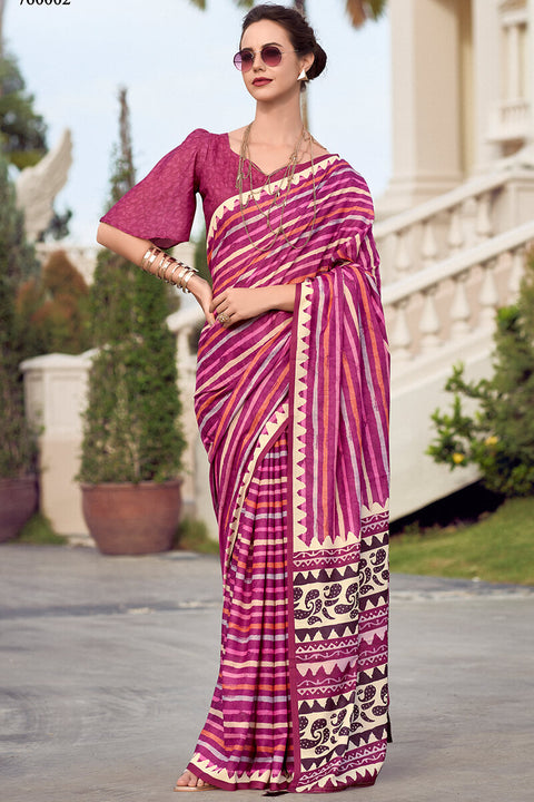 VastraLakshmi Sonorous Dark Pink Printed Mul Cotton Saree With Verdant Blouse Piece