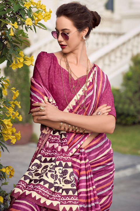 VastraLakshmi Sonorous Dark Pink Printed Mul Cotton Saree With Verdant Blouse Piece