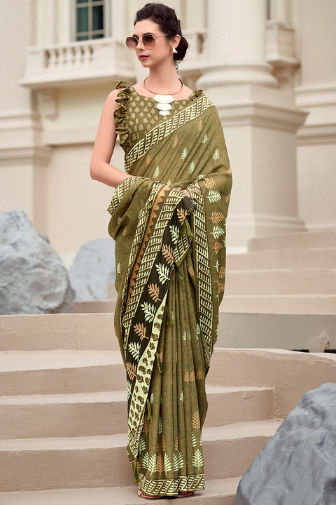 VastraLakshmi Evanescent Mehndi Printed Mul Cotton Saree With Serendipity Blouse Piece