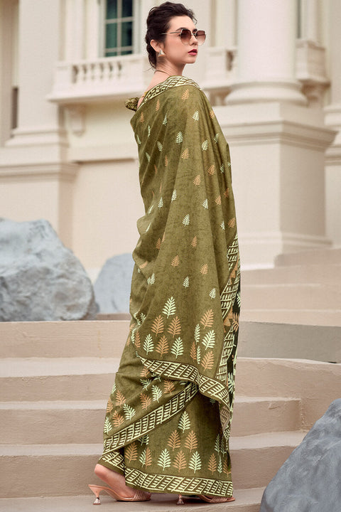 VastraLakshmi Evanescent Mehndi Printed Mul Cotton Saree With Serendipity Blouse Piece