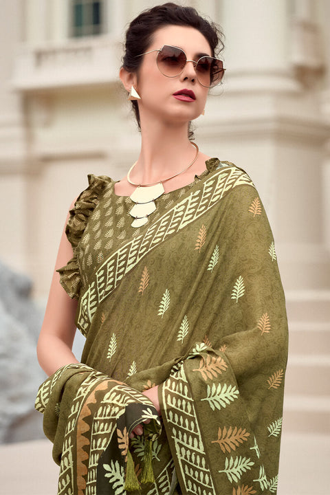 VastraLakshmi Evanescent Mehndi Printed Mul Cotton Saree With Serendipity Blouse Piece