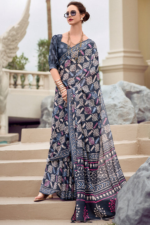 VastraLakshmi Flameboyant Blue Printed Mul Cotton Saree With Exquisite Blouse Piece