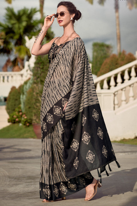 VastraLakshmi Jazzy Beige and Black Printed Mul Cotton Saree With Adorable Blouse Piece