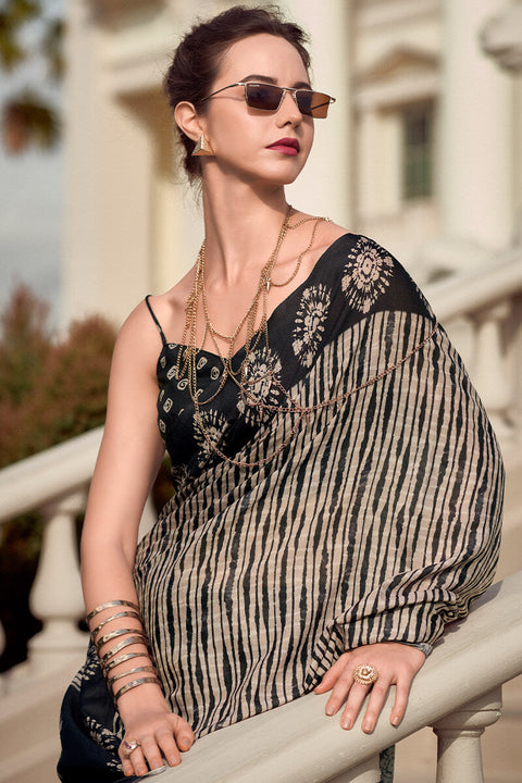 VastraLakshmi Jazzy Beige and Black Printed Mul Cotton Saree With Adorable Blouse Piece