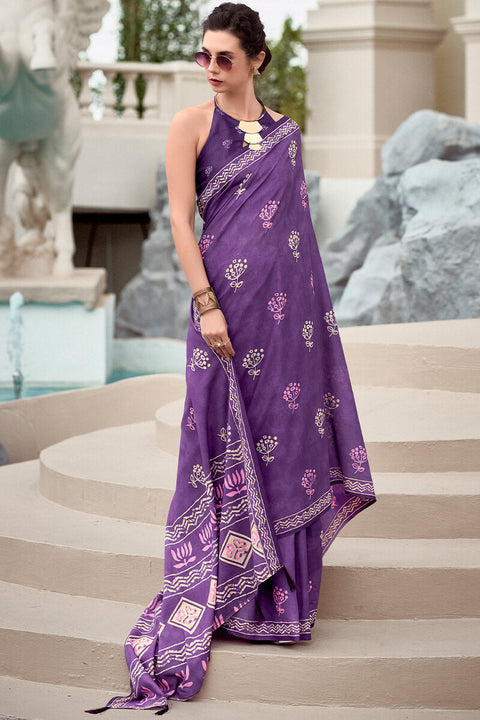 VastraLakshmi Tremendous Purple Printed Mul Cotton Saree With Alluring Blouse Piece