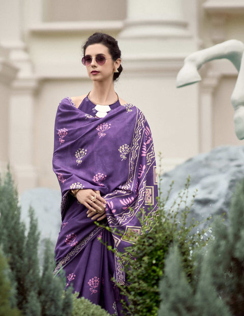 VastraLakshmi Tremendous Purple Printed Mul Cotton Saree With Alluring Blouse Piece