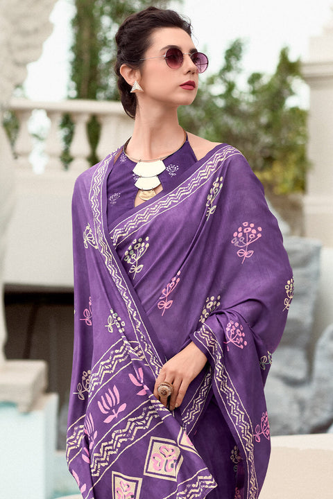 VastraLakshmi Tremendous Purple Printed Mul Cotton Saree With Alluring Blouse Piece