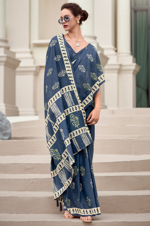 VastraLakshmi Smashing Navy Blue Printed Mul Cotton Saree With Enchanting Blouse Piece