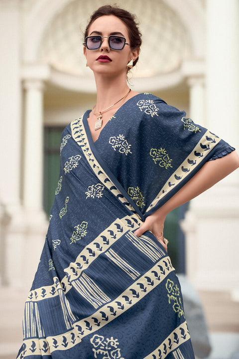 VastraLakshmi Smashing Navy Blue Printed Mul Cotton Saree With Enchanting Blouse Piece