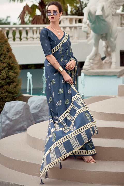 VastraLakshmi Smashing Navy Blue Printed Mul Cotton Saree With Enchanting Blouse Piece