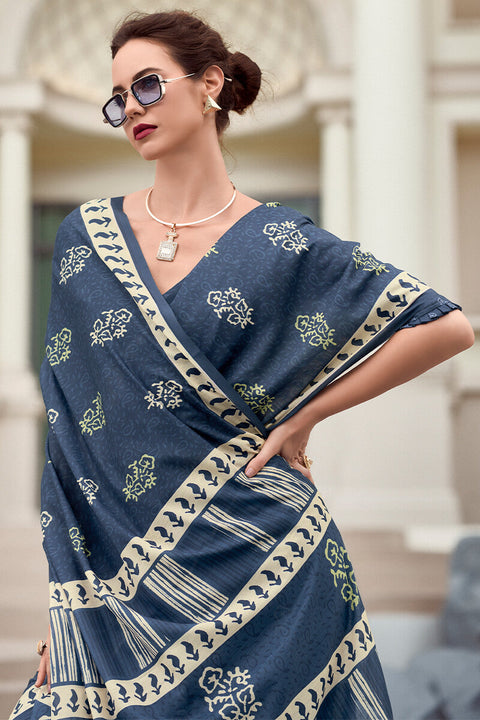 VastraLakshmi Smashing Navy Blue Printed Mul Cotton Saree With Enchanting Blouse Piece