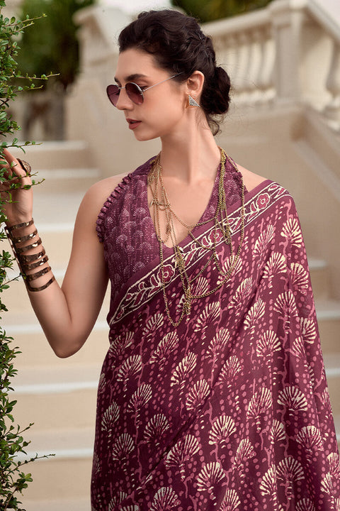 VastraLakshmi Quixotic Wine Printed Mul Cotton Saree With Embellished Blouse Piece