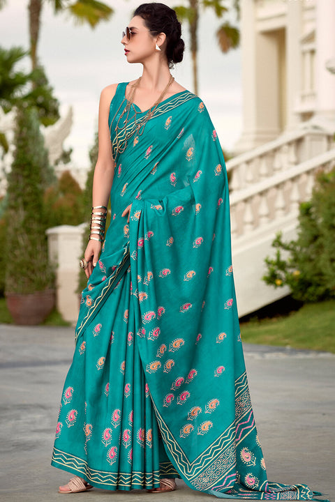 VastraLakshmi Conflate Firozi Printed Mul Cotton Saree With Diaphanous Blouse Piece