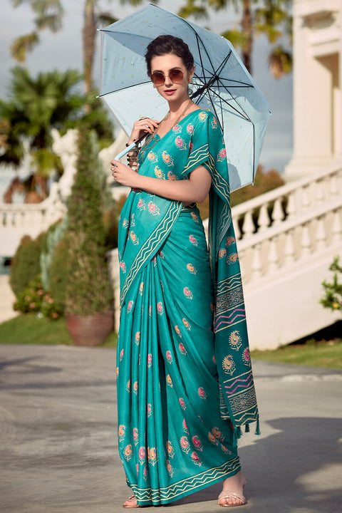 VastraLakshmi Conflate Firozi Printed Mul Cotton Saree With Diaphanous Blouse Piece