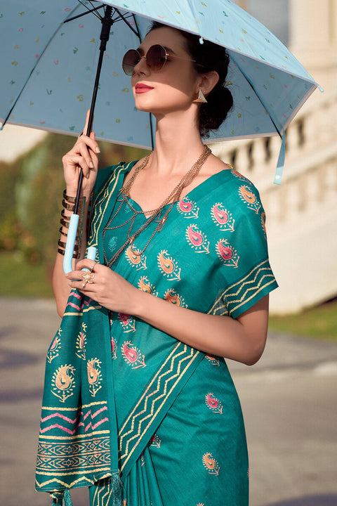 VastraLakshmi Conflate Firozi Printed Mul Cotton Saree With Diaphanous Blouse Piece