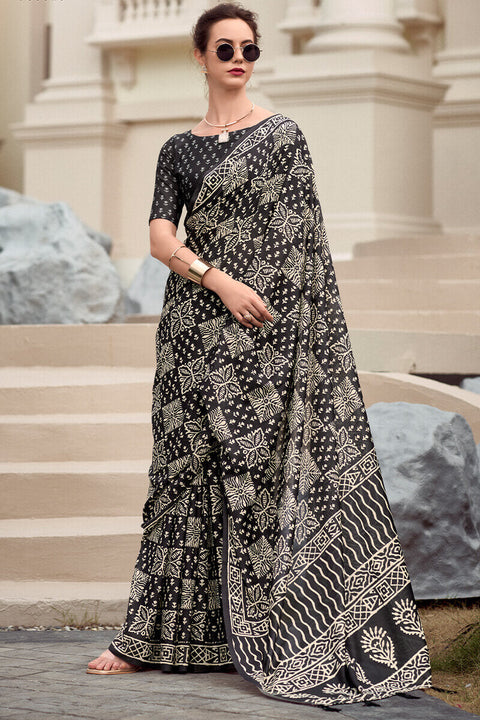 VastraLakshmi Cynosure Black Printed Mul Cotton Saree With Beleaguer Blouse Piece