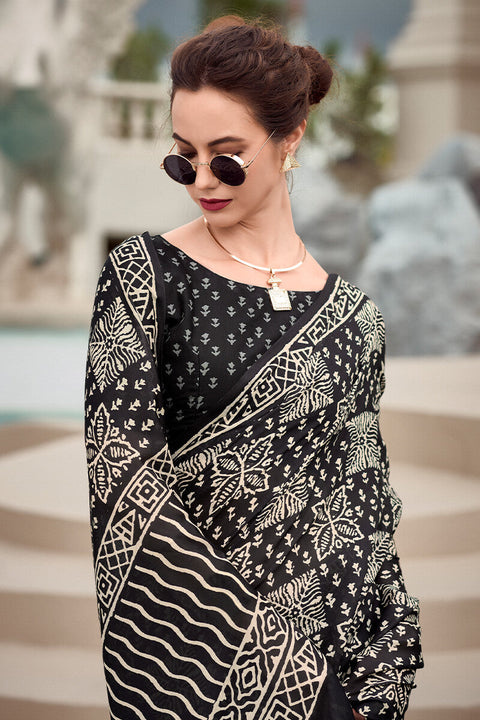 VastraLakshmi Cynosure Black Printed Mul Cotton Saree With Beleaguer Blouse Piece