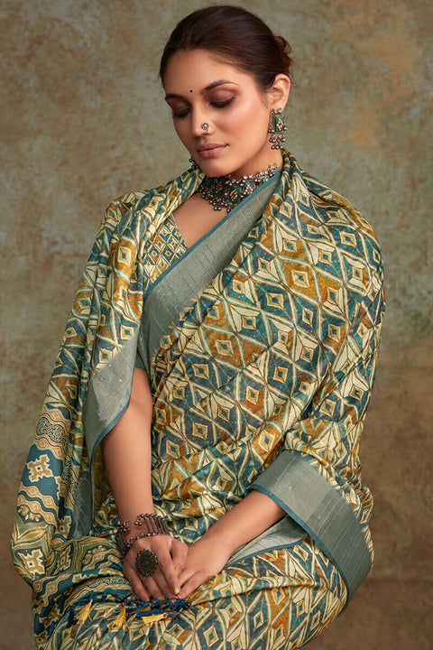 VastraLakshmi Susurrous Green Digital Printed Soft Silk Saree With Devastating Blouse Piece