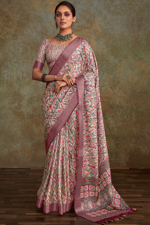 VastraLakshmi Engaging Lavender Digital Printed Soft Silk Saree With Gossamer Blouse Piece