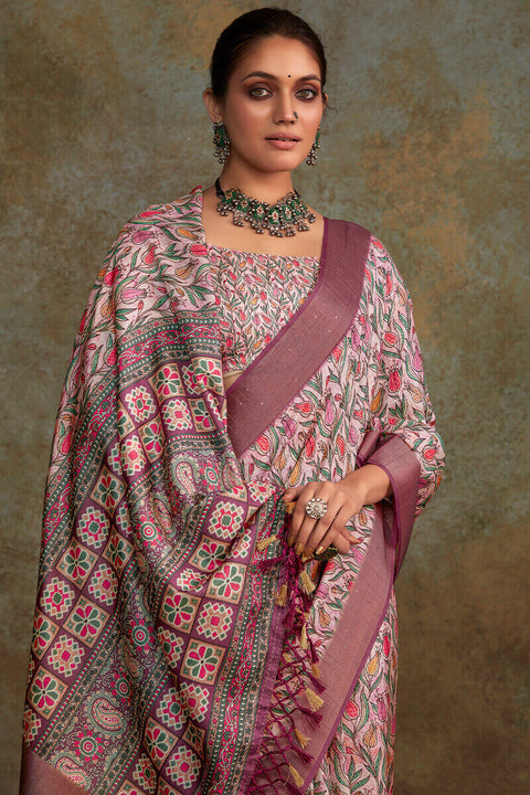 VastraLakshmi Engaging Lavender Digital Printed Soft Silk Saree With Gossamer Blouse Piece