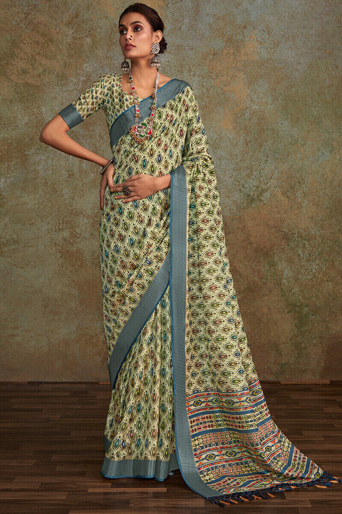 VastraLakshmi Seraglio Pista Digital Printed Soft Silk Saree With Engaging Blouse Piece