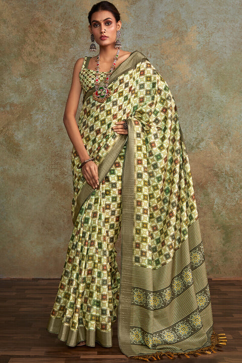 VastraLakshmi Jubilant Pista Digital Printed Soft Silk Saree With Pulsating Blouse Piece