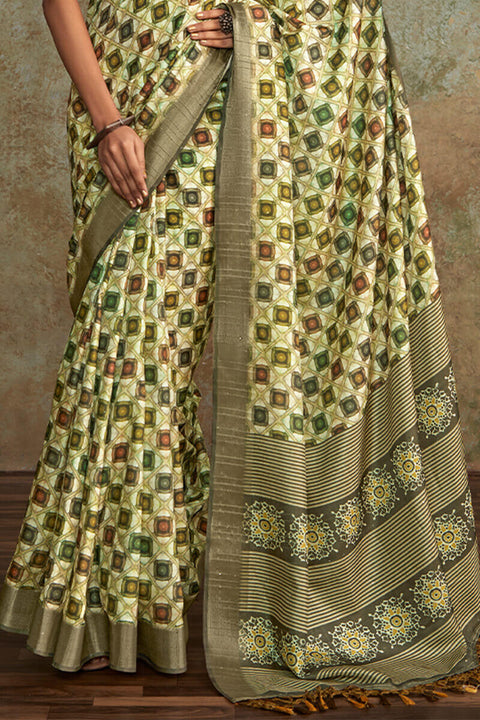 VastraLakshmi Jubilant Pista Digital Printed Soft Silk Saree With Pulsating Blouse Piece