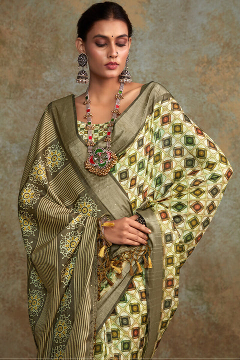 VastraLakshmi Jubilant Pista Digital Printed Soft Silk Saree With Pulsating Blouse Piece