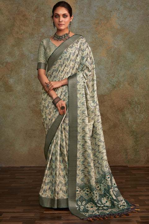 VastraLakshmi Aplomb Grey Digital Printed Soft Silk Saree With Opulent Blouse Piece