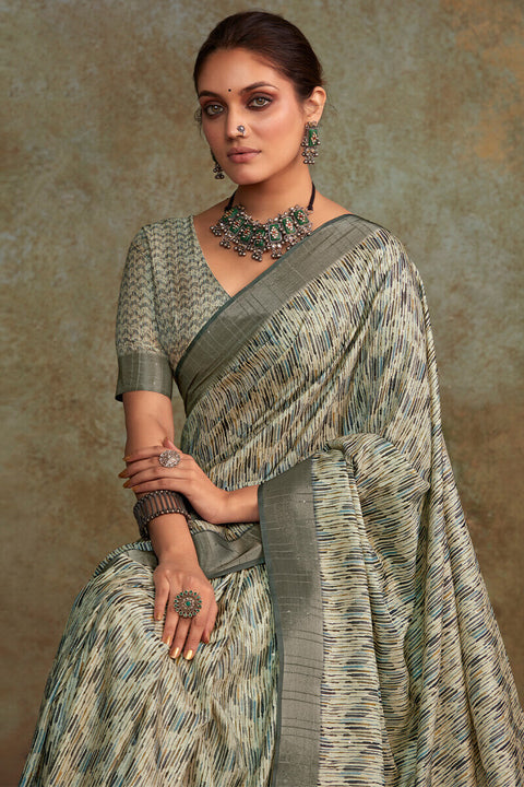 VastraLakshmi Aplomb Grey Digital Printed Soft Silk Saree With Opulent Blouse Piece