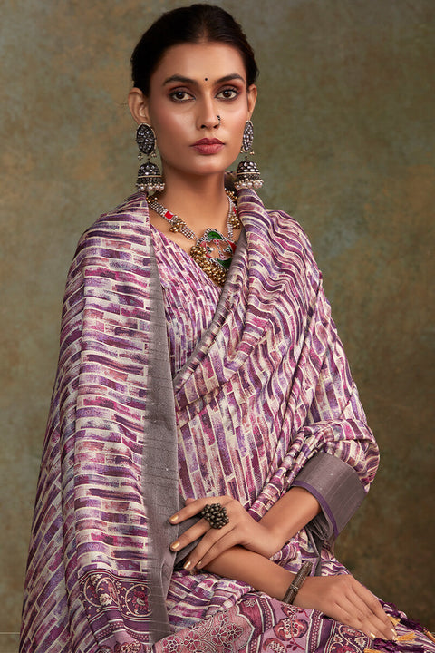 VastraLakshmi Embellished Lavender Digital Printed Soft Silk Saree With Nebula Blouse Piece