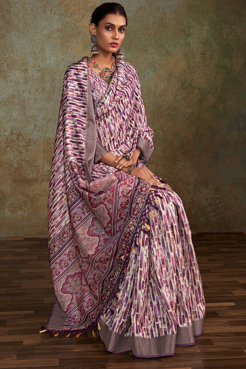 VastraLakshmi Embellished Lavender Digital Printed Soft Silk Saree With Nebula Blouse Piece