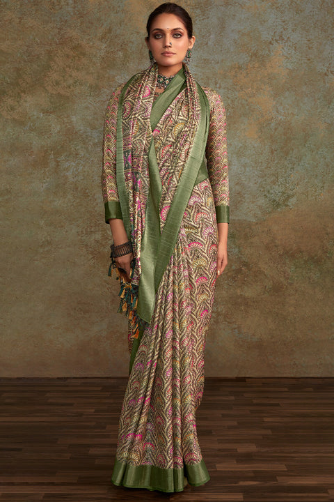 VastraLakshmi Sonorous Green Digital Printed Soft Silk Saree With Glamorous Blouse Piece