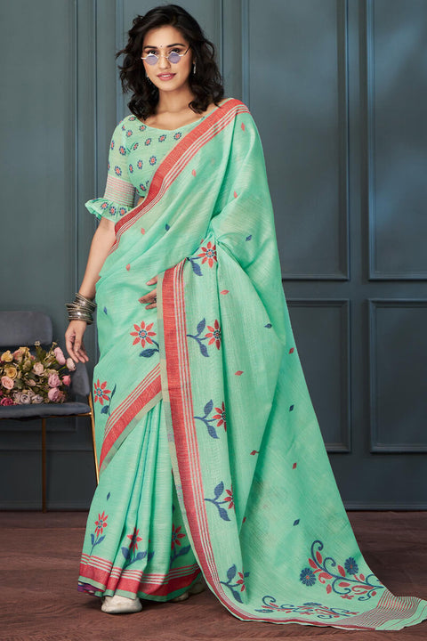 VastraLakshmi Cynosure Sea Green Cotton Silk Saree With Eloquence Blouse Piece