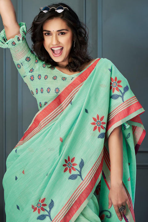 VastraLakshmi Cynosure Sea Green Cotton Silk Saree With Eloquence Blouse Piece