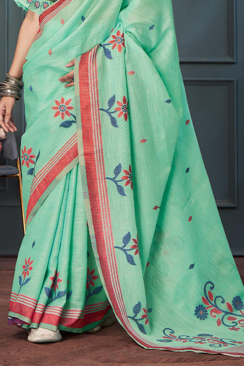 VastraLakshmi Cynosure Sea Green Cotton Silk Saree With Eloquence Blouse Piece